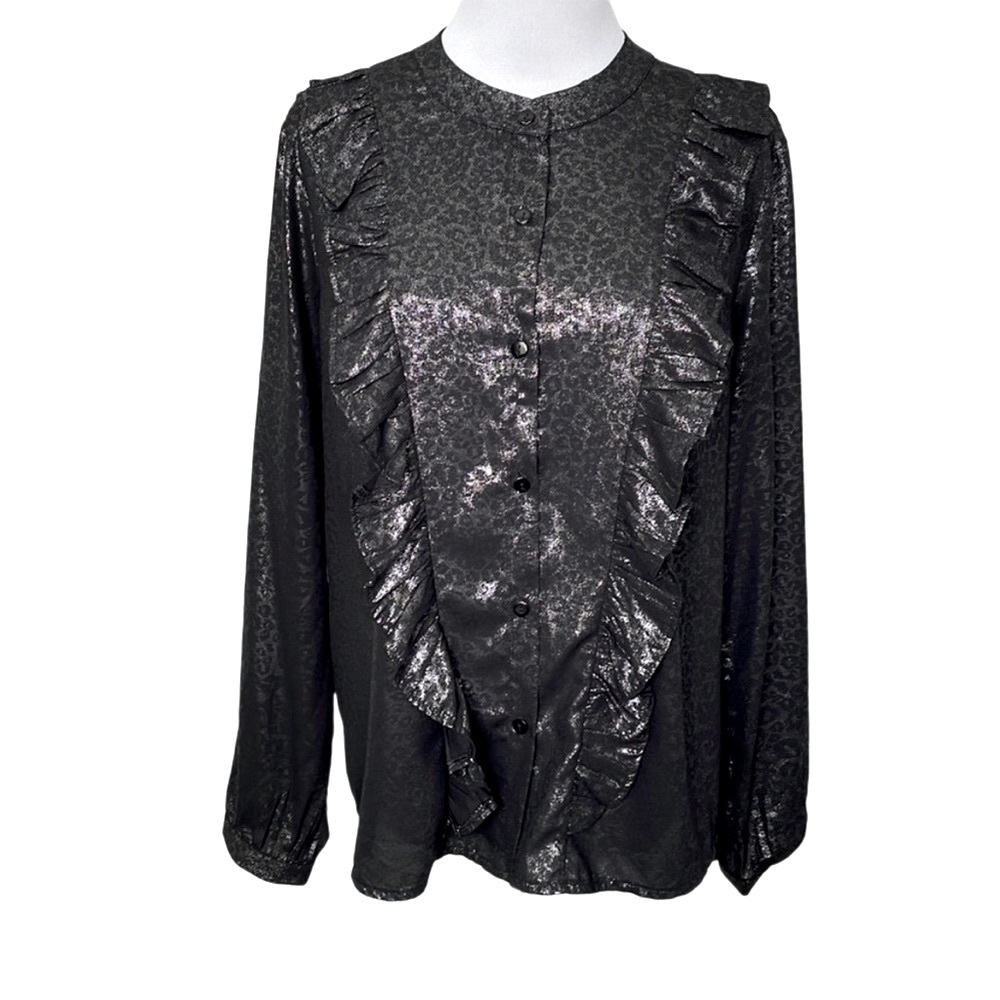 Janis & John Black and Silver Metallic Leopard Print Ruffle Button Down Shirt